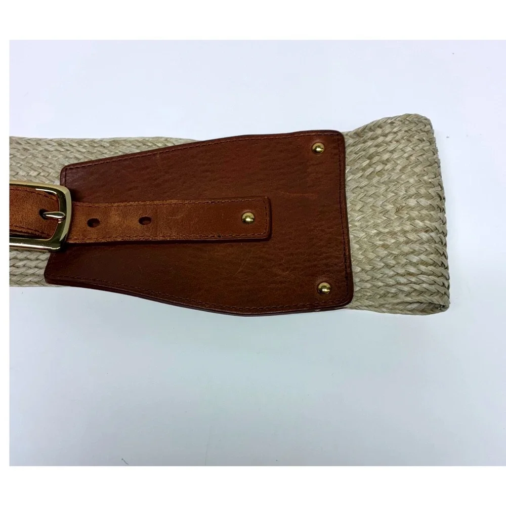 Antonio Melani Wide Waist Cincher Belt Womens M Brown Leather Woven Raffia Straw
